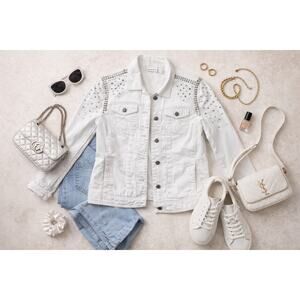 Chico’s Platinum White Denim Jacket Rhinestone Stud Women sz 1/M spring